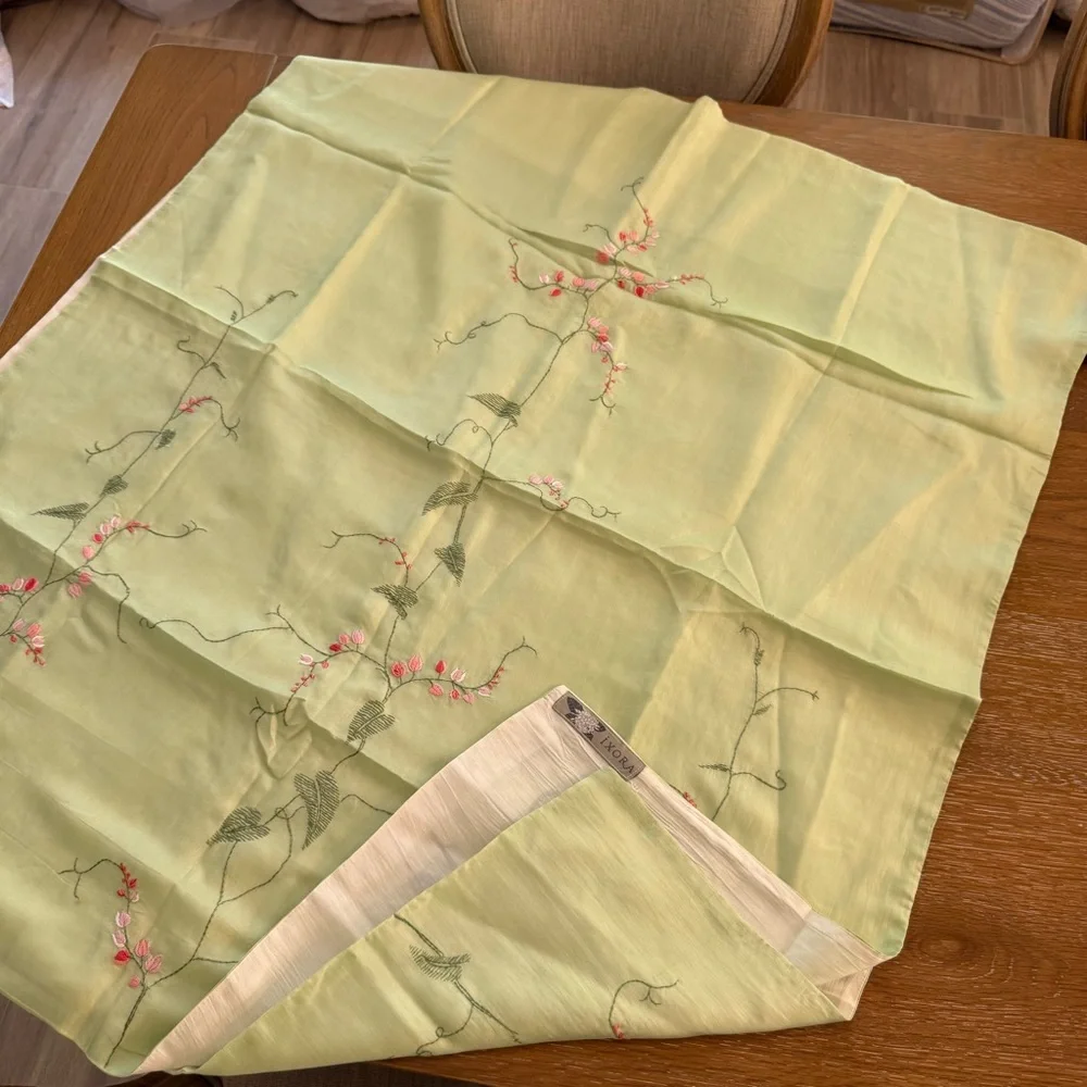 Elegant Floral Embroidered Silk Scarf in Light Green